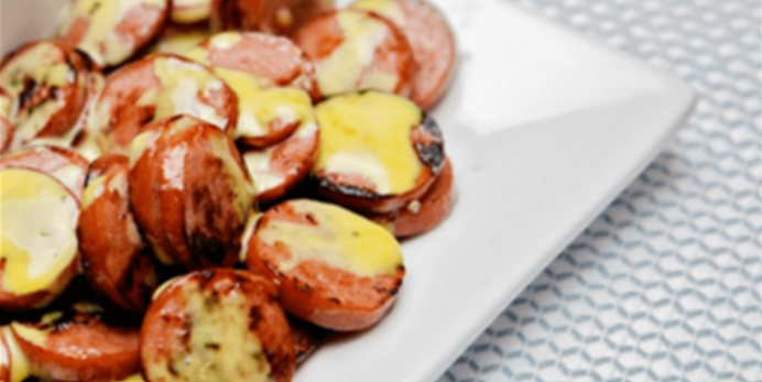 Semi-Home Cooked Smoked Turkey Sausage w/ Mustard Sauce & Veggies